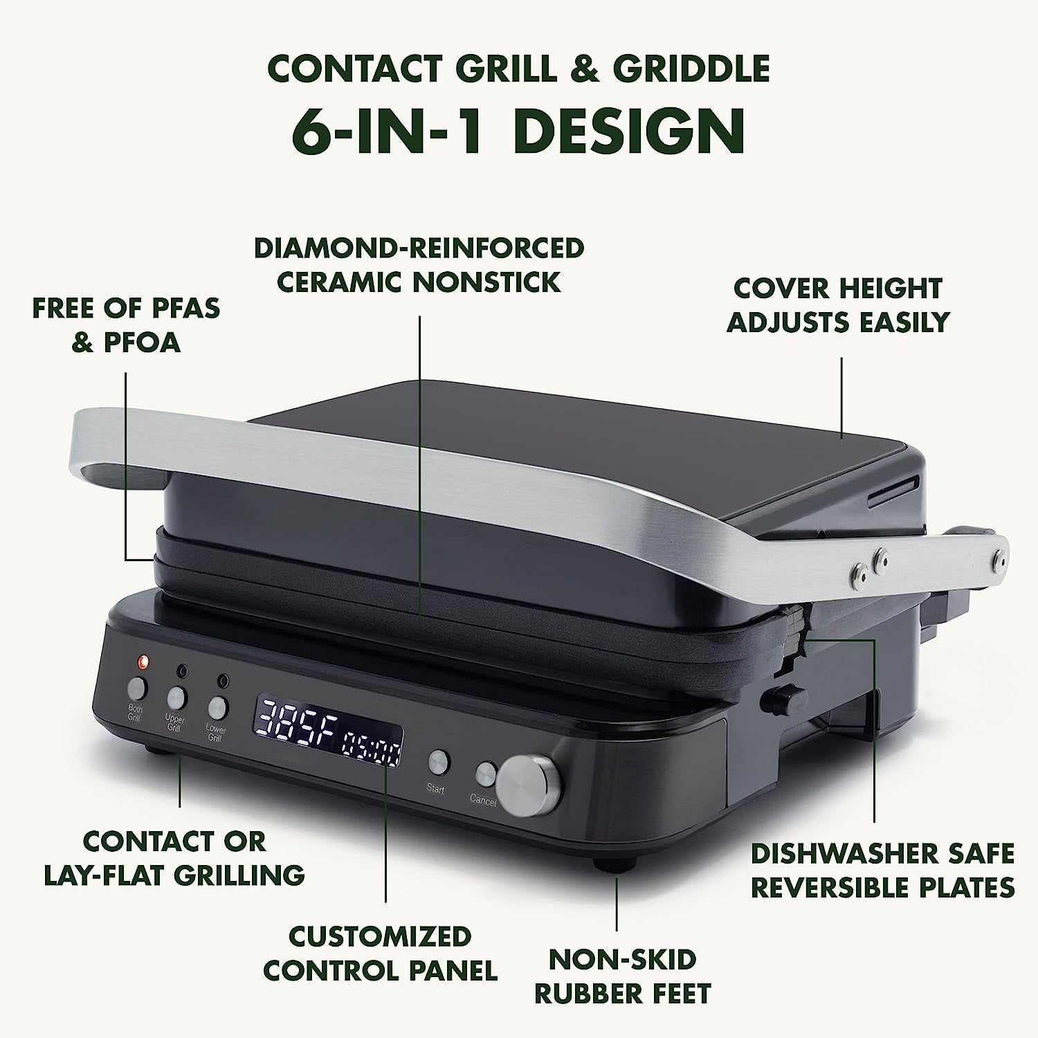 6-In-1 Multi-Function Contact Grill & Griddle, Healthy Ceramic Nonstick Aluminum, Reversible Grill and Griddle Plates, Dual Heating Options, Closed Press/Open Flat Surface, Matte Black