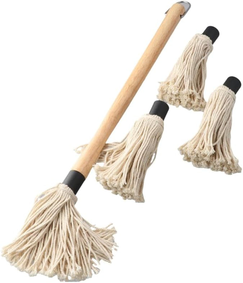 Wooden Long Handle BBQ Basting Mop with 4 Extra Replacement Heads, Barbecue Supplies Grill Basting Mop for BBQ Grilling Smoking Steak