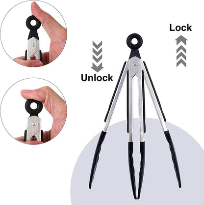 Kitchen Tongs Set of 3, Black Cooking Tongs with Silicone Tips, Stainless Steel Serving Tongs, Non-Stick Non-Scratch Heat Resistant Tongs for Grilling Cooking BBQ Buffet Salad (Black, 7/9/12 Inch)