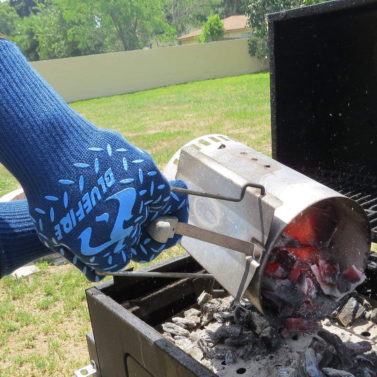 BBQ Grill Firepit Oven Mitts Highest Heat Resistance EN407 Lab Certified (X-Large, Blue)