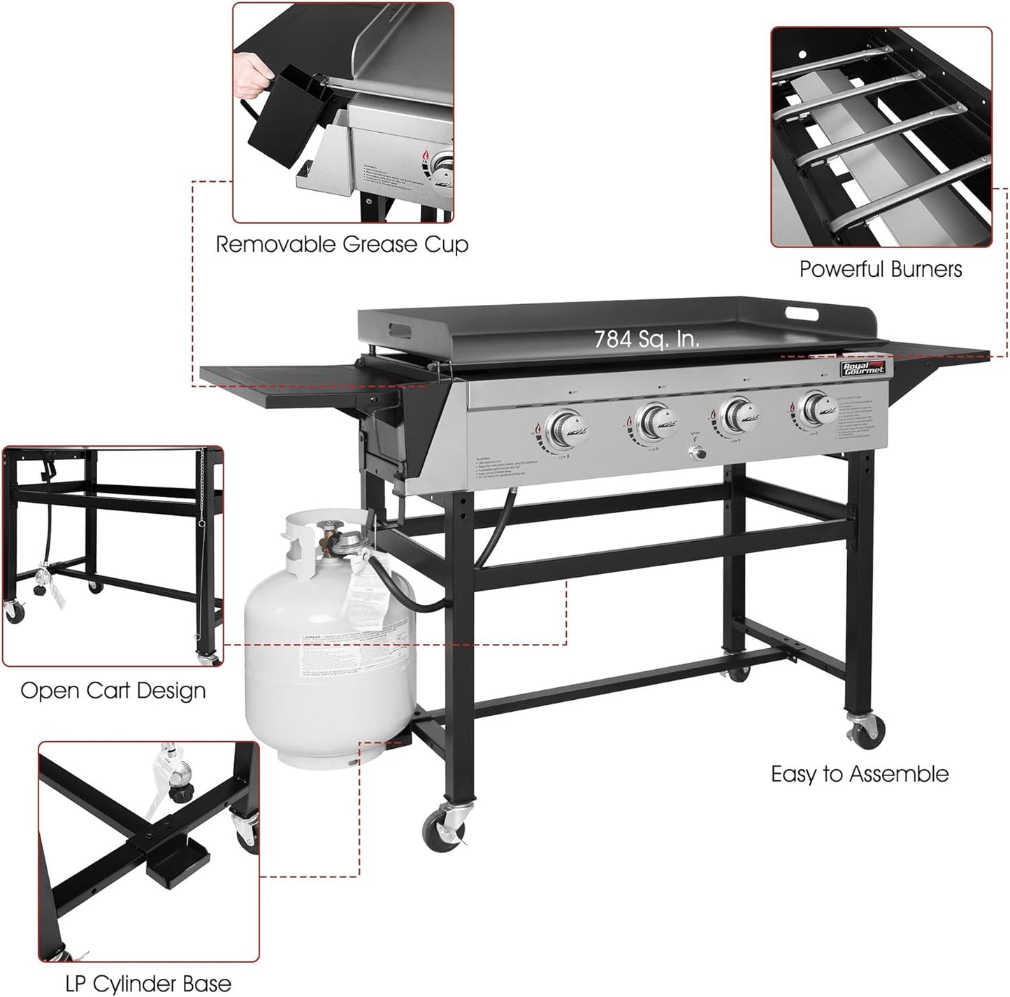 GB4001B 4-Burner Flat Top Gas Grill 52000-BTU Propane Fueled Professional Outdoor Griddle 36Inch Backyard Cooking with Side Table, Black