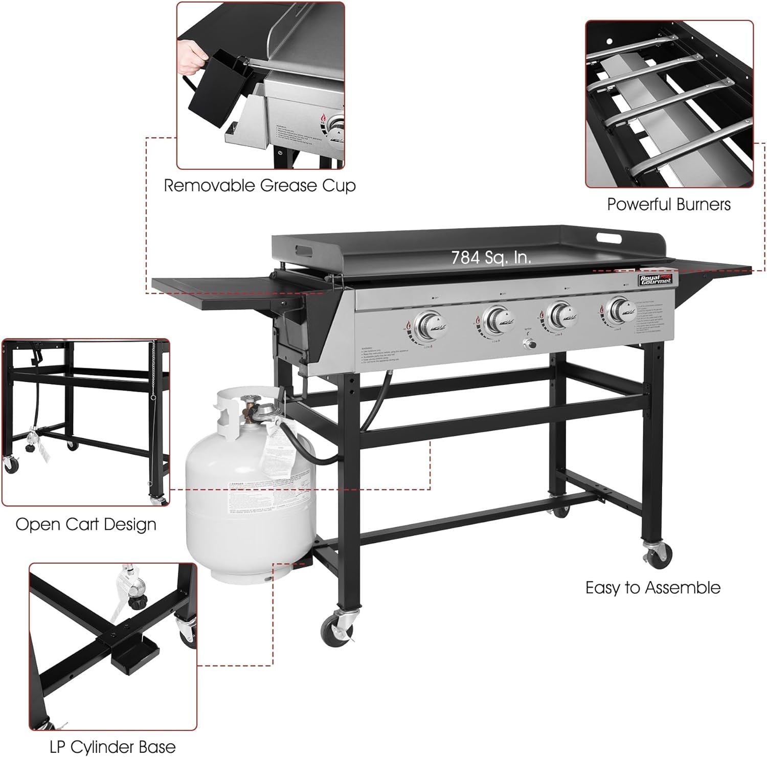 GB4001B 4-Burner Flat Top Gas Grill 52000-BTU Propane Fueled Professional Outdoor Griddle 36Inch Backyard Cooking with Side Table, Black