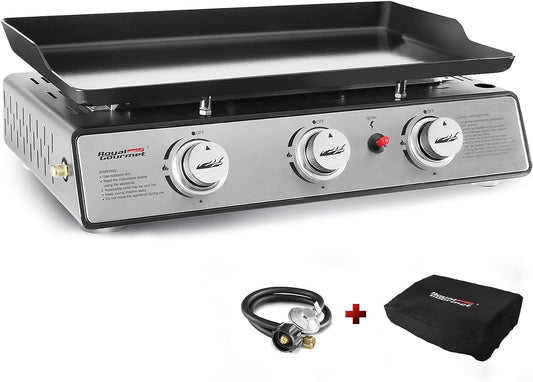 PD1301S Portable 24-Inch 3-Burner Table Top Gas Grill Griddle with Cover, 25,500 Btus, Outdoor Cooking Camping or Tailgating, Black