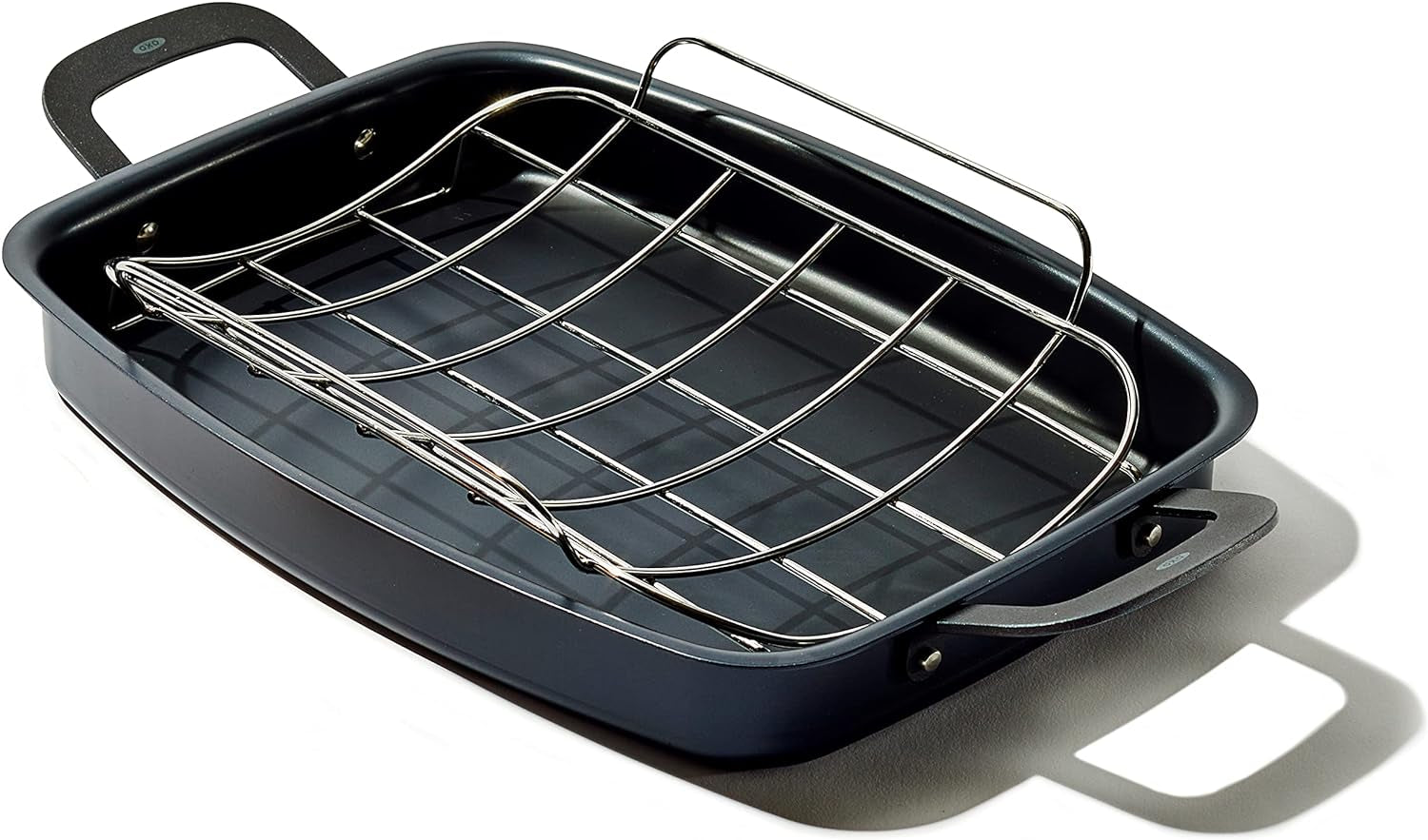 OXO Obsidian Pre-Seasoned Carbon Steel, 15" X 10.5" Roasting Pan with Stainless Steel Roaster Rack, Induction, Black