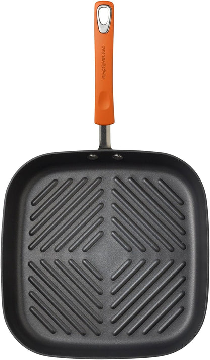 Brights Hard Anodized Nonstick Square Griddle, Grill Pan (11-Inch), Gray with Orange Handles