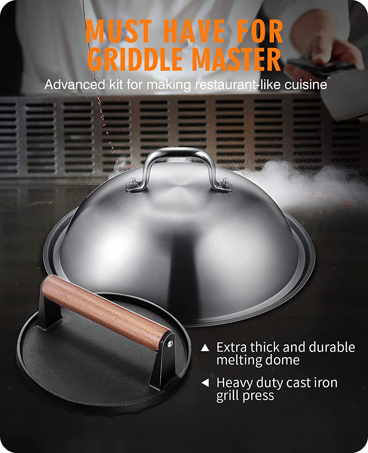 Homenote Griddle Accessories for Blackstone, Commercial Grade 12 Inch Heavy Duty round Melting Dome with Cast Iron Smash Burger Press Perfect for Flat Top Hibachi Grill Indoor Outdoor