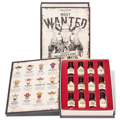 Thoughtfully Gourmet, Wild Western-Themed BBQ Sauce and Rubs Book Gift Set, Includes Honey BBQ, Montreal BBQ Rub & More, Great Gift for Men, Set of 12