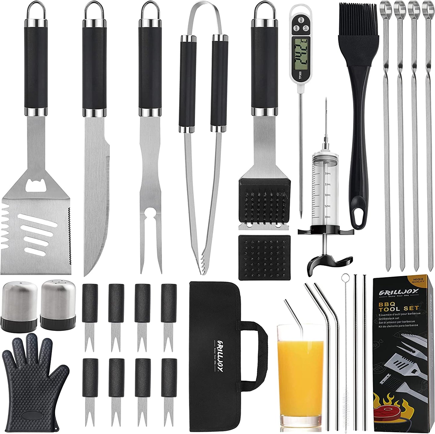 30PCS BBQ Grill Tools Set with Thermometer and Meat Injector. Extra Thick Steel Spatula, Fork& Tongs - Complete Grilling Accessories in Portable Bag - Perfect Grill Gifts for Men and Women