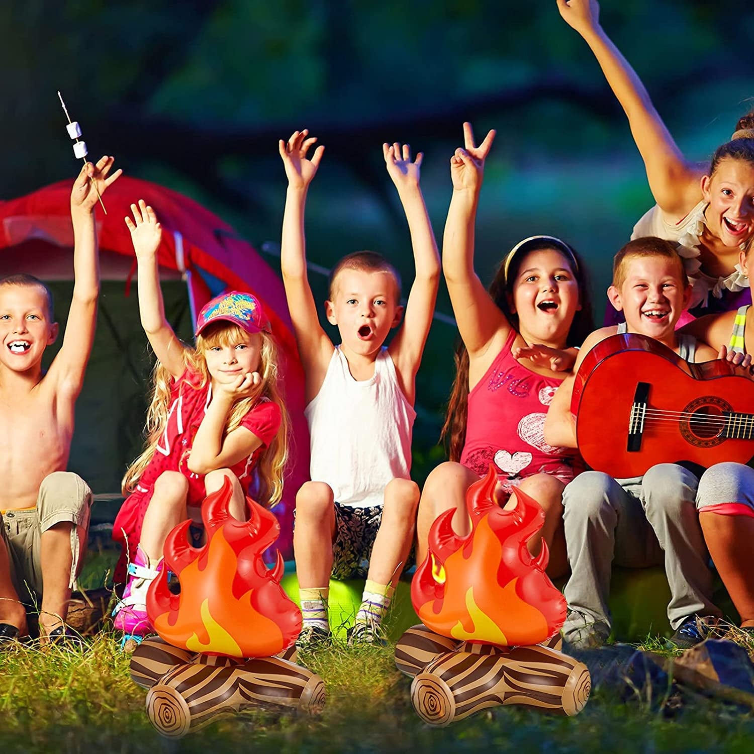 Inflatable Fake Campfire Camping Props Bonfire Party Decor Campfire Party Decorations Artificial Flame Campfire for Indoor Camping Overnight and Scene Setting (3 Pieces)