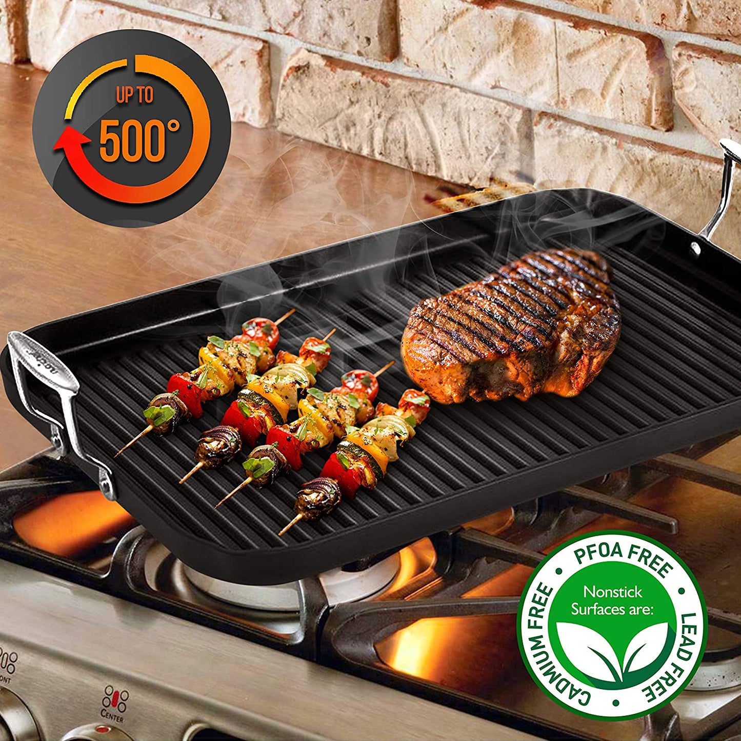 Nonstick Stove Top Grill Pan - PTFE/PFOA/PFOS Free Need Two Burners 20" X 13" Hard-Anodized Non Stick Grill & Griddle Pan - Kitchen Cookware, Dishwasher Safe NCGRP59