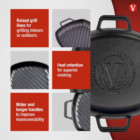 Image of Cast Iron round Grill Pan with Double Loop Handles, Made in Colombia, 10 Inches