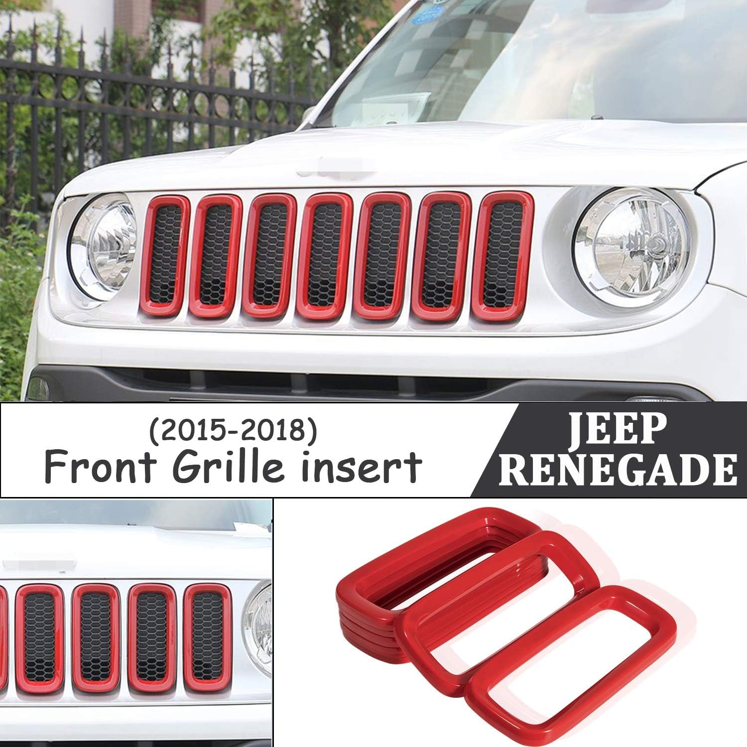 Front Grill Grille Inserts Mesh ABS Grill Guard Cover Trim Red 7Pcs for Jeep Renegade 2015 2016 2017 2018