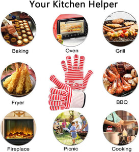 Oven Gloves Oven Mitts Heat Resistant Oven Mitts with Fingers, Cooking Gloves for BBQ, Grilling, Baking,Cutting, Welding, Smoker Fireplace，2 Pack (Red)