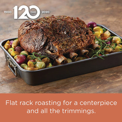 Farberware Bakeware Nonstick Steel Roaster with Flat Rack, 11-Inch X 15-Inch, Gray