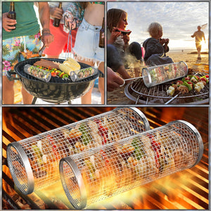 2 Pack Rolling Grill Basket BBQ Net Tube Stainless Steel BBQ Wire Mesh Cylinder Grilling Basket Portable Outdoor Camping Barbecue Rack for Fish, Shrimp, Meat, Vegetables, Fries, 11.8X3.5 Inch