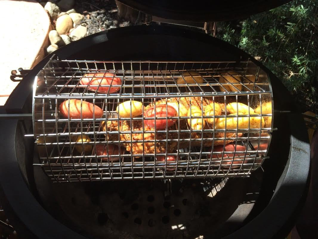 Onegrill Performer Series Kamado Grill Fit Rotisserie Spit Rod Basket; Stainless Steel Tumble & Flat Basket in One. (Fits 5/16 Inch Square Spits)