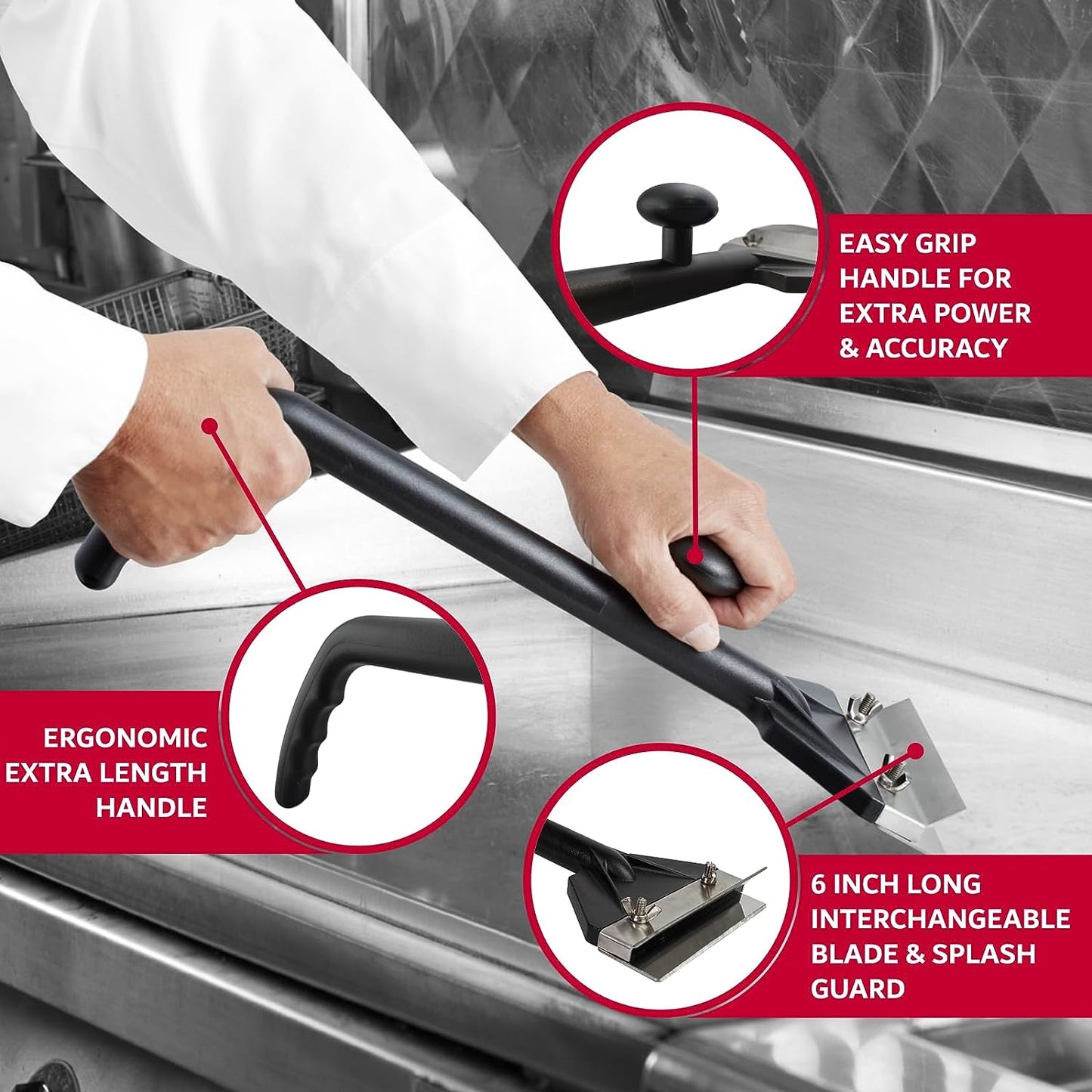 Commercial Griddle Scraper, Flat Iron Grill Griddle Scraper, Professional Restaurant Grade Quality, Blackstone Grill Griddle Scraper, Long Handle for Added Protection, Model 90254