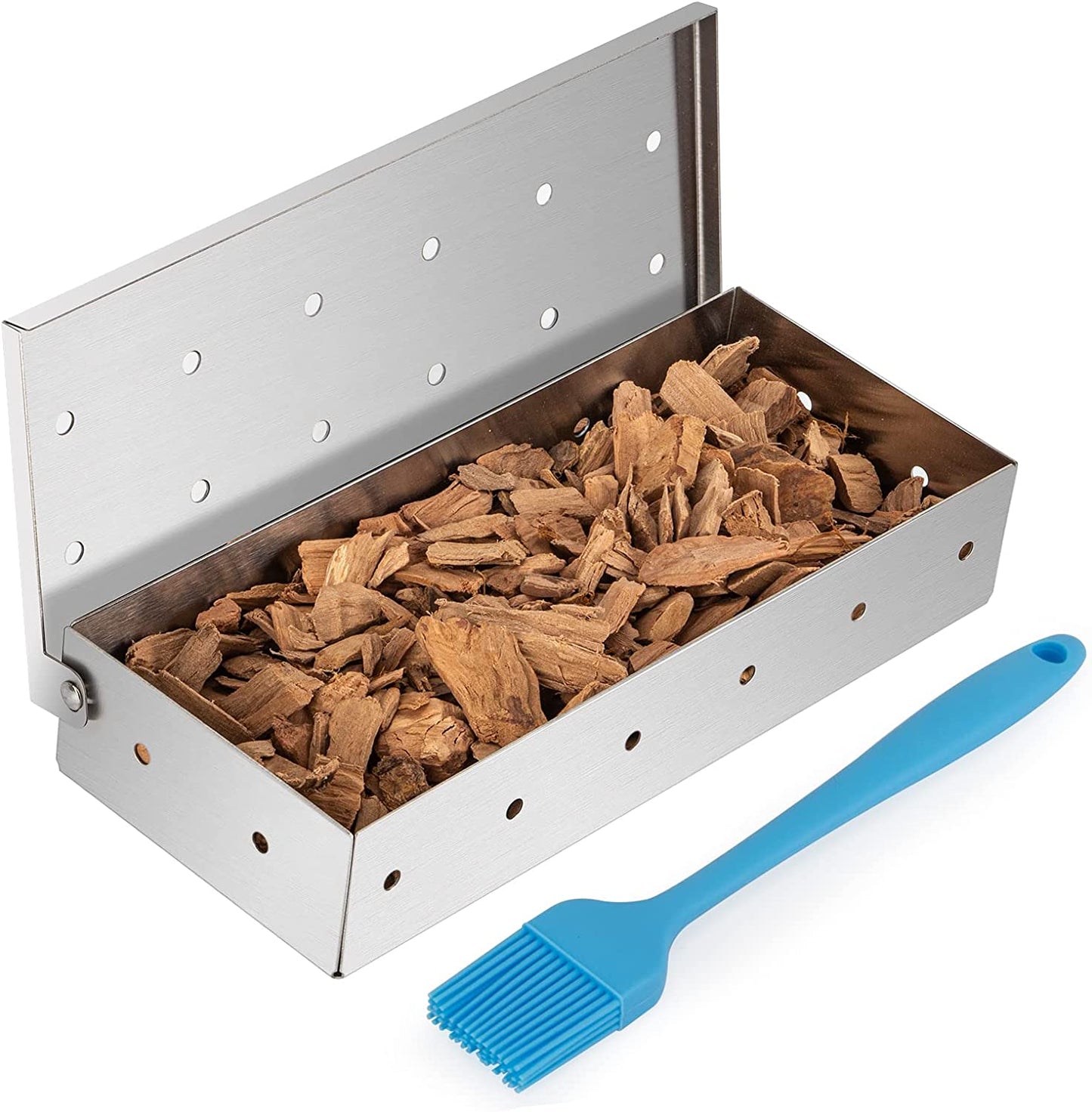 Stainless Steel BBQ Smoker Box for Grilling Barbecue Wood Chips on Gas Grill or Charcoal Grill Grilling Accessories with Basting Brush
