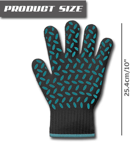 Heat Resistant Gloves Oven Gloves Heat Resistant Black BBQ Gloves for Grilling BBQ Gloves Heat Resistant Cooking Heat Resistant Gloves Kitchen Heat Gloves High Temp Grill Gloves with Green Silicone