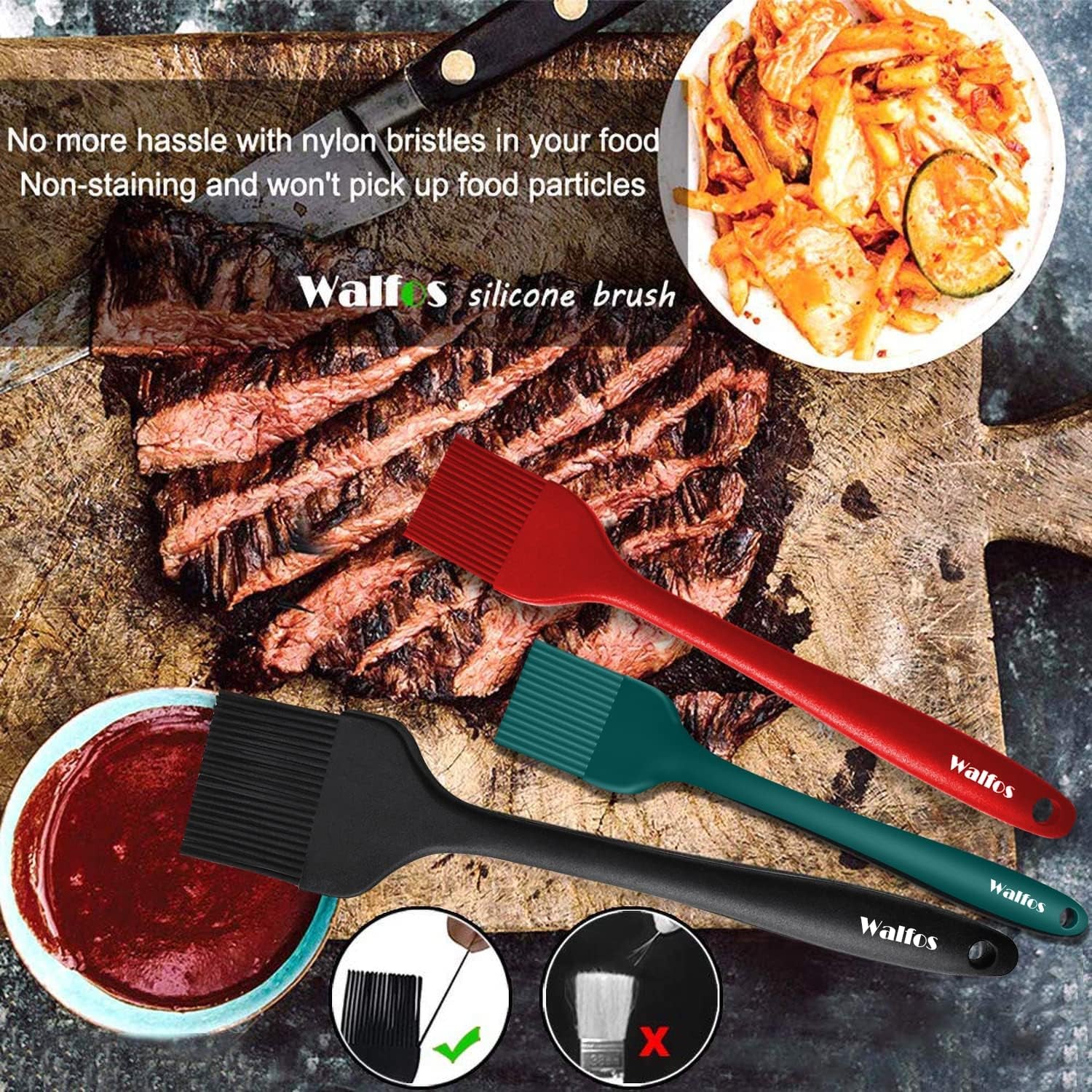 Walfos 3 Size Basting Brush (Extra Large, Large and Small), Silicone Pastry Brushes for Barbecue, Baking, Desserts, Cooking Brush for Kitchen - Strong Stainless Steel Core