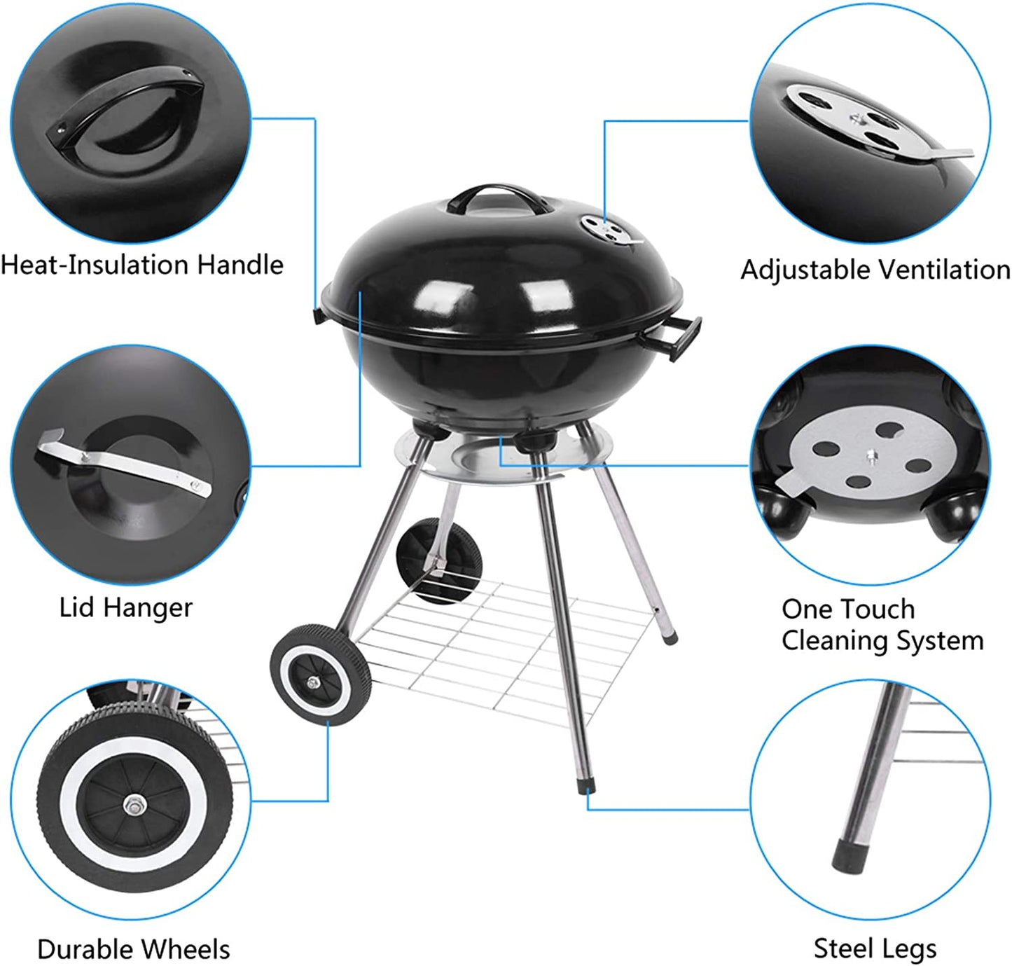 Outvita 18 Inch Portable Charcoal Grill, Stainless Steel BBQ Kettle Charcoal Grill with Wheels and Storage Holder for Camping, Picnic, Barbecue, Party, Outdoor Activities