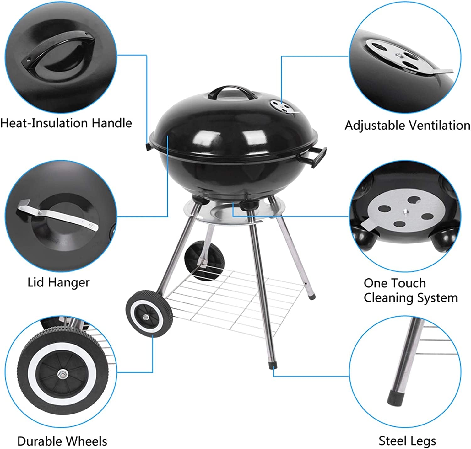 Outvita 18 Inch Portable Charcoal Grill, Stainless Steel BBQ Kettle Charcoal Grill with Wheels and Storage Holder for Camping, Picnic, Barbecue, Party, Outdoor Activities