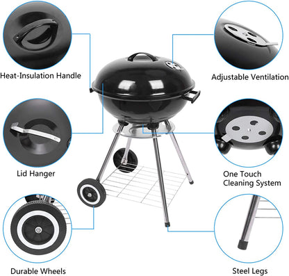 Outvita 18 Inch Portable Charcoal Grill, Stainless Steel BBQ Kettle Charcoal Grill with Wheels and Storage Holder for Camping, Picnic, Barbecue, Party, Outdoor Activities