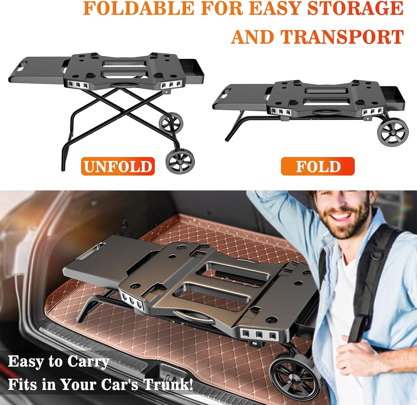 Portable Grill Cart for Ninja Woodfire Grill OG700 Series, Folding Outdoor Grill Stand for Ninja OG701, Pit Boss 10697/10724, 22" Blackstone,Traeger Ranger Griddle with Table Shelf and Basket