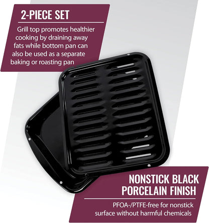 SPL50016 Large 2-Piece Broiler Pan & Grill Set Porcelain-On-Steel 16-1/2"X12-3/4"X1-3/4" Broiler Pan for Oven, Black