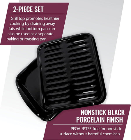 Image of SPL50016 Large 2-Piece Broiler Pan & Grill Set Porcelain-On-Steel 16-1/2"X12-3/4"X1-3/4" Broiler Pan for Oven, Black