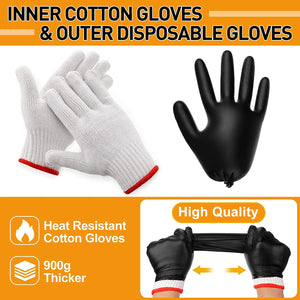 200 Pcs Disposable BBQ Gloves with 4 Pairs Cotton Liners Grilling Gloves BBQ Cooking Gloves(Black, White, Large)