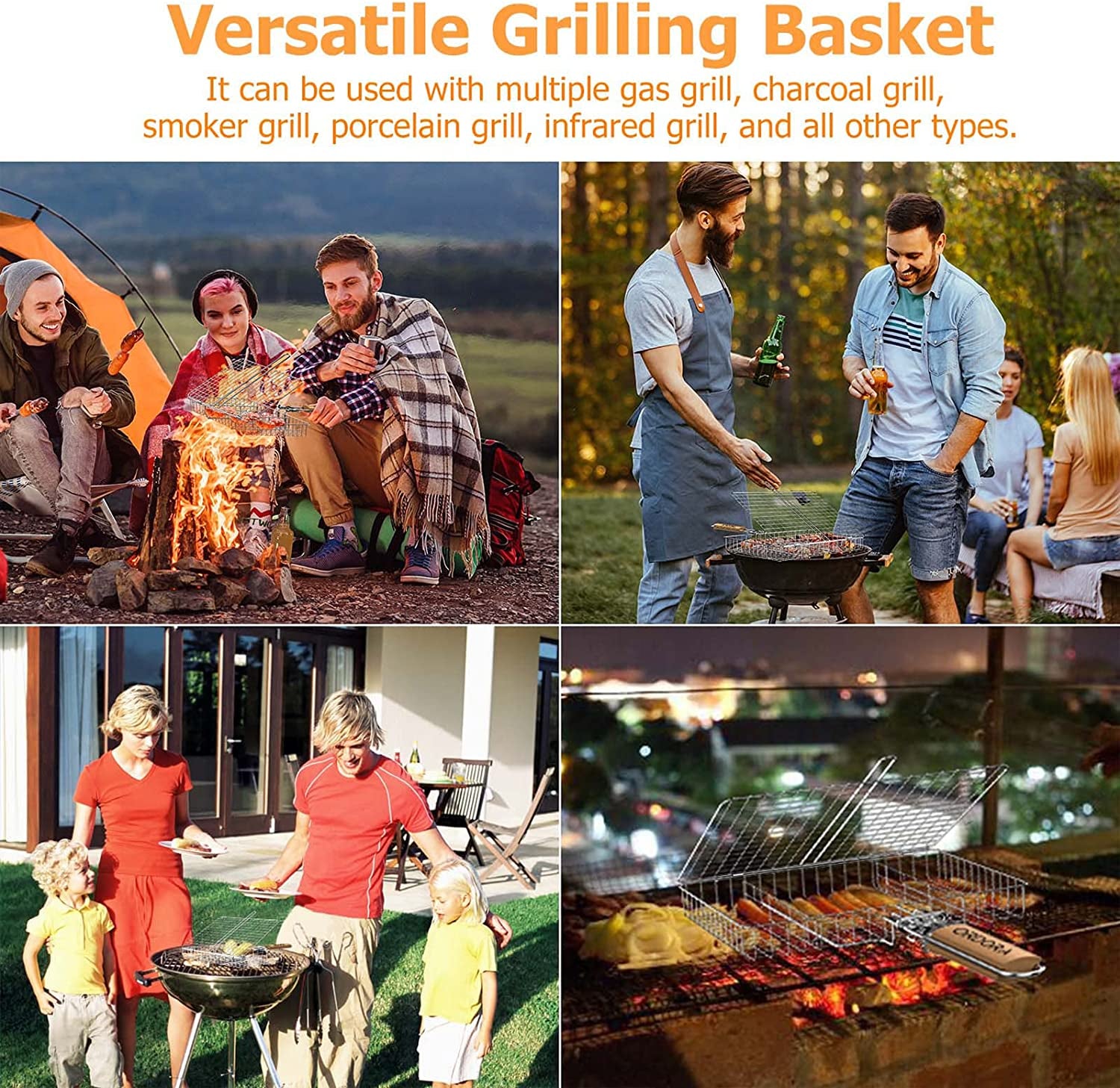 Grill Basket, Fish Grill Basket, Rustproof Stainless Steel BBQ Grilling Basket for Meat,Steak, Shrimp, Vegetables, Chops, Heavy Duty Grill Basket Outdoor Grill Accessories