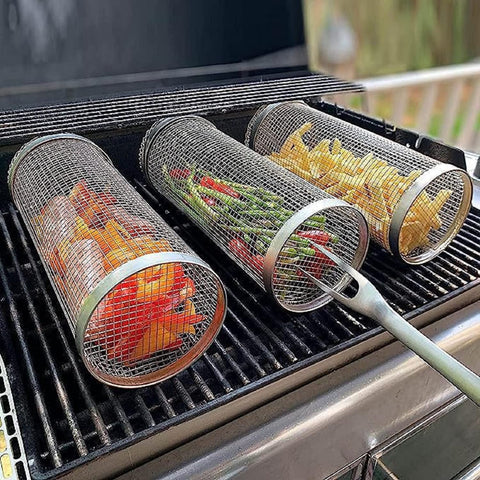 Image of 3Pcs BBQ Rolling Grill Basket, Stainless Steel Wire Mesh Cylinder Grill Basket, Outdoor Camping Barbecue Rack for Vegetables,Meat,Fish round Grill Cooking Accessories Kit（20Cm/7.87 Inch）