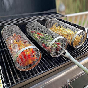 3Pcs BBQ Rolling Grill Basket, Stainless Steel Wire Mesh Cylinder Grill Basket, Outdoor Camping Barbecue Rack for Vegetables,Meat,Fish round Grill Cooking Accessories Kit（20Cm/7.87 Inch）