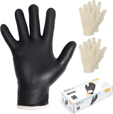 Image of BBQ Gloves Kit with 2 Pairs of Reusable Heat Resistant Grilling Gloves Liner and 100 Pieces Disposable Nitrile Gloves for Outdoor Cooking and Barbecue, Black, X-Large