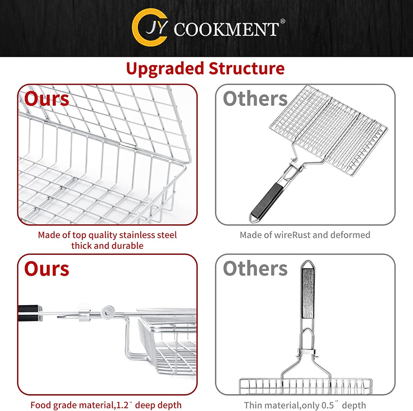 JY COOKMENT Grill Basket Stainless Steel with Portable Removable Handle, Grilling Basket-Bbq Accessories for Vegetable, Shrimp, Fish, Steak and Outdoor Use-Dishwasher Safe