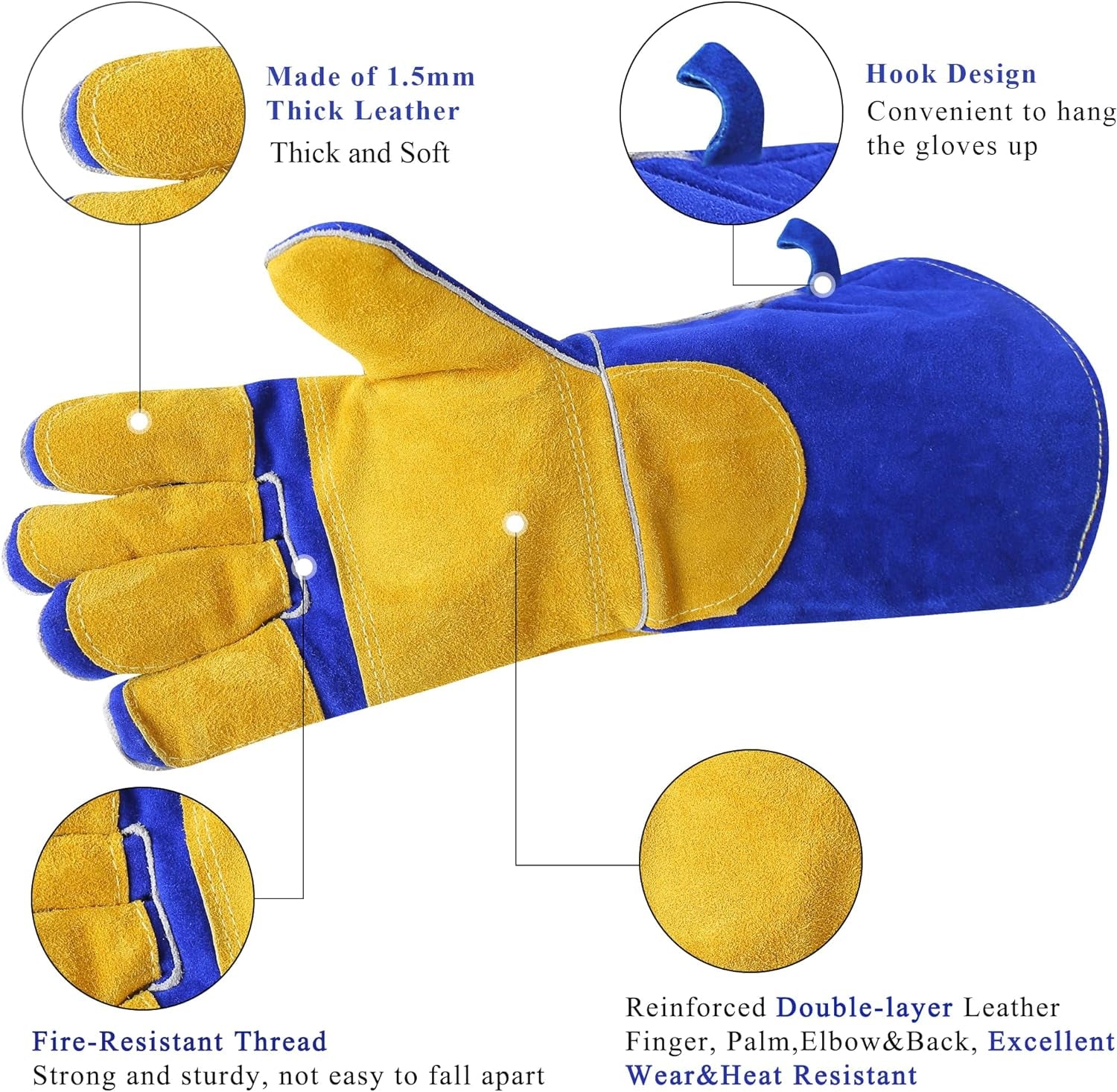 Welding Gloves Blue 16 Inches,932℉, Leather Forge/Mig/Stick Welding Gloves Heat/Fire Resistant, Mitts for Oven/Grill/Fireplace/Furnace/Stove/Pot Holder/Bbq/Animal Handling
