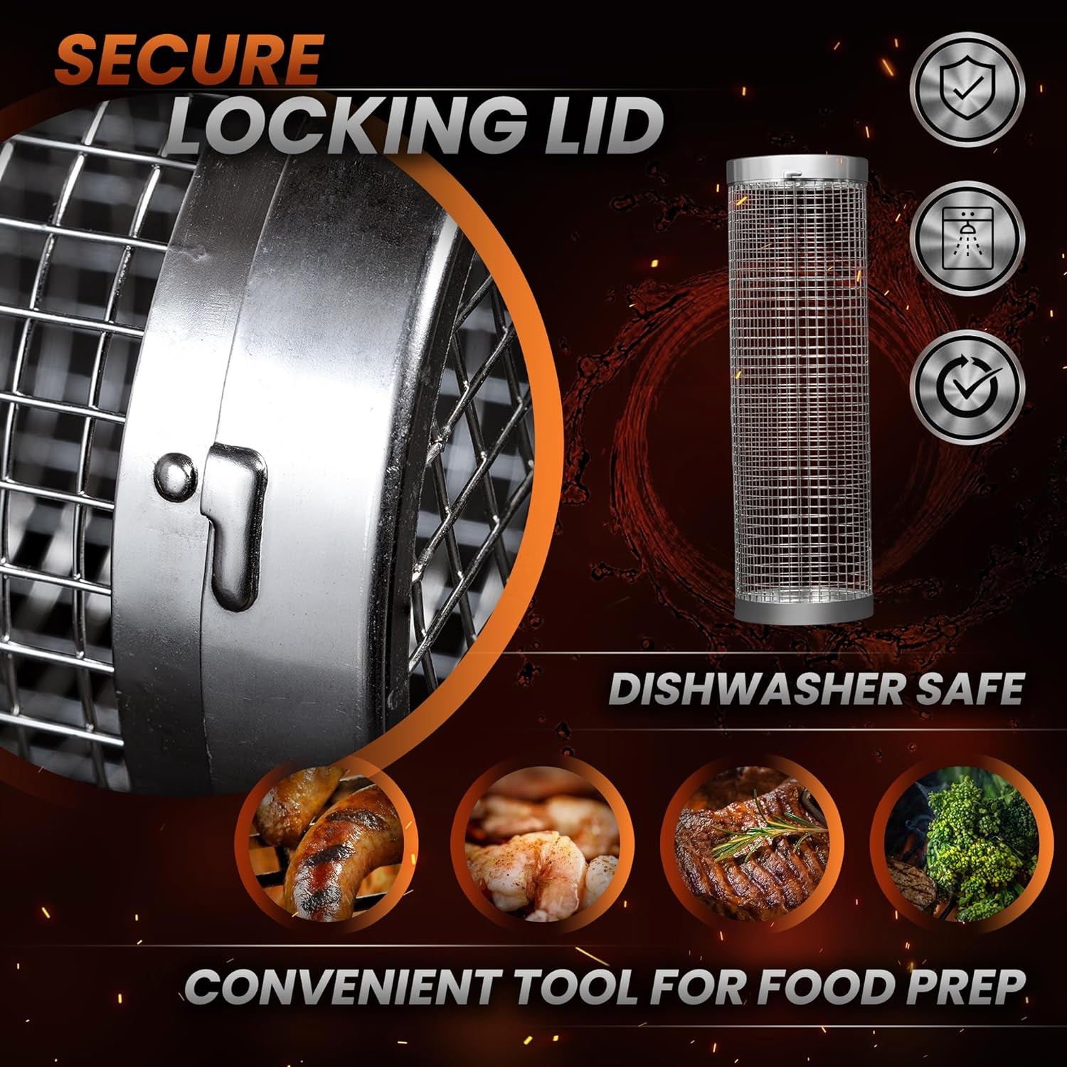 Rolling Grill Basket Set - Two BBQ Grilling Baskets, One Oil Brush, Fork and Hook. BBQ Grilling Accessories Set - Perfect Grill Accessories for Outdoor Grill or Campfire Grill Grate, Grill Pan Grill Tools Grilling Gifts