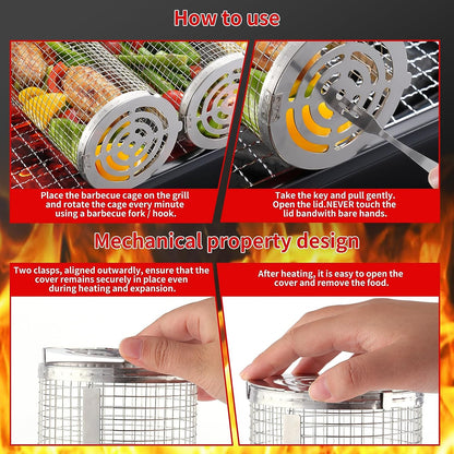 Rolling Grilling Baskets for Outdoor Grill Bbq ，Stainless Steel Grill Mesh Barbeque Grill Accessories,Outdoor round BBQ Stainless Steel Grill Basket Campfire Grill Grid - Camping Picnic Cookware (2Pc-12.2In*3.9In+11.8In*3.5In)