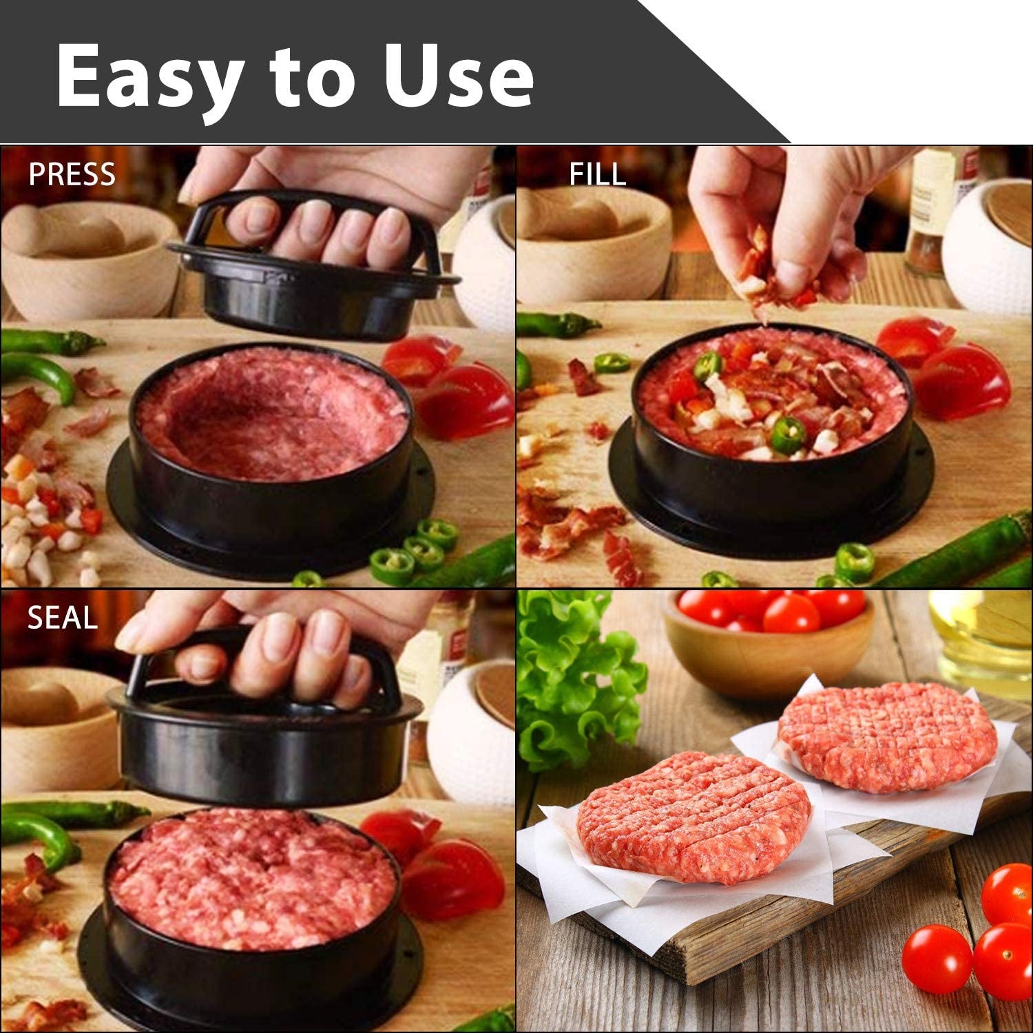 TAOUNOA Hamburger Press Patty Maker, 3 in 1 Non-Stick Burger Press with 100 Pcs Wax Paper for Making Delicious Burgers, Perfect Shaped Patties for Grilling and Cooking