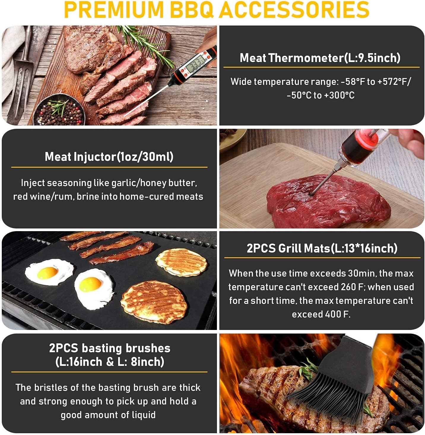 34Pcs Grill Accessories Grilling Gifts for Men, 16 Inches Heavy Duty BBQ Accessories, Stainless Steel Grill Tools with Thermometer, Grill Mats for Backyard, BBQ Gifts Set for Men Women