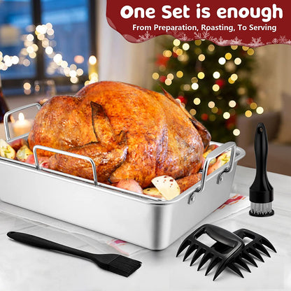 15.3’’ Roasting Pan with Racks, Joyfair 7 Pcs Stainless Steel Large Turkey Roaster Pan with Handle, Cooling Flat Rack/V-Rack, Meat Tenderizer/Claws and Brush, Heavy Duty & Multi-Use, Dishwasher Safe