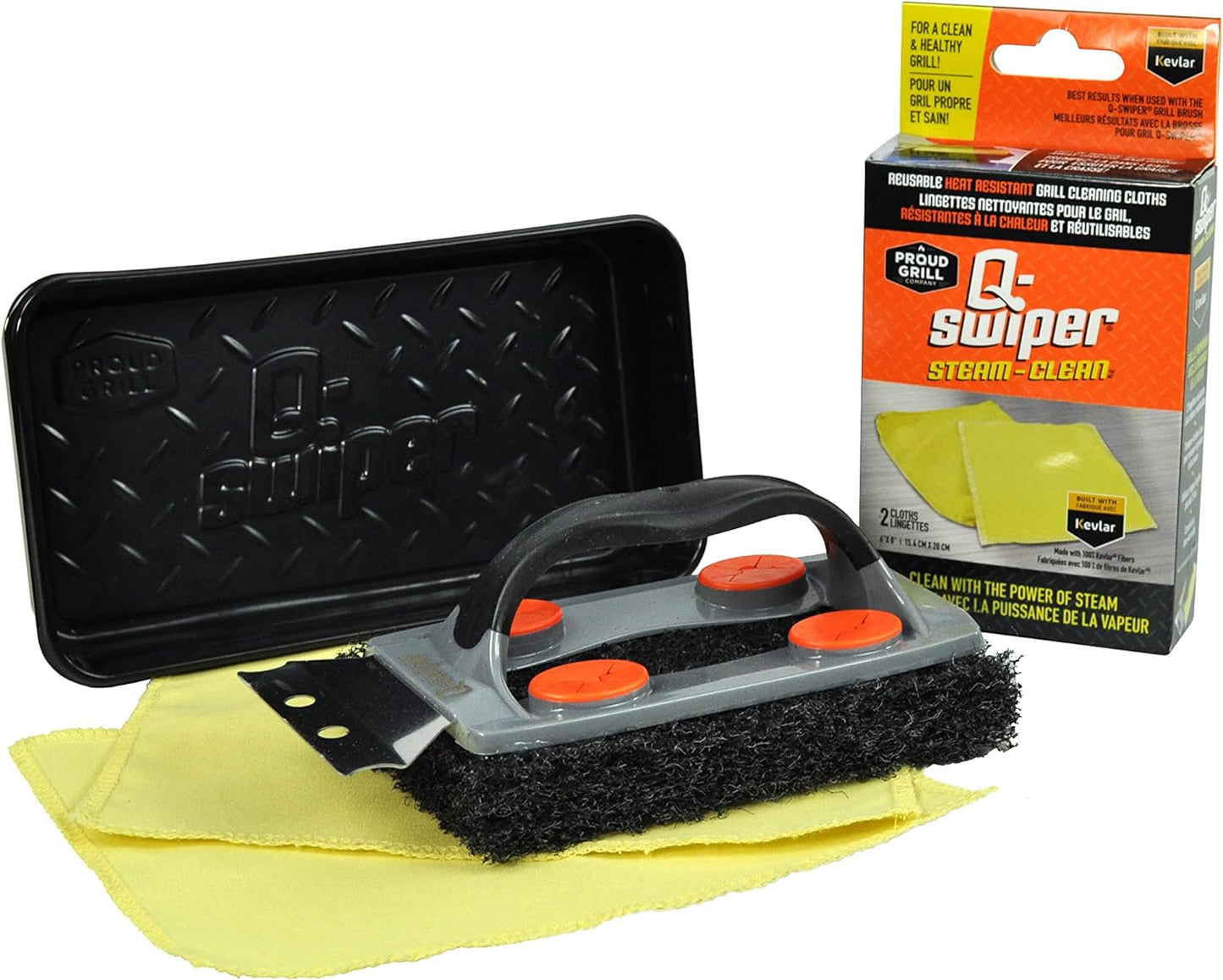 Q-Swiper Steam Clean BBQ Grill Cleaner Set - 1 Grill Brush with Scraper, 2 Heat Resistant Kevlar® Cloths, 1 Tray | Bristle Free | Safe Way to Steam Away Grill Grease & Grime