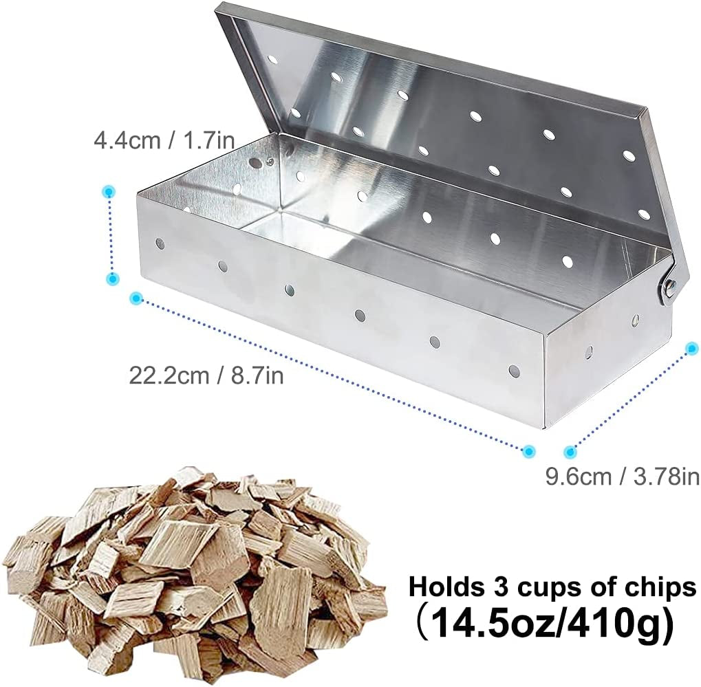 Stainless Steel BBQ Smoker Box for Grilling Barbecue Wood Chips on Gas Grill or Charcoal Grill Grilling Accessories with Basting Brush