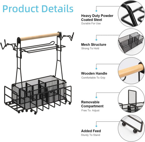 Image of Outdoor Grill Caddy, BBQ Caddy with Paper Towel Holder and Mesh Basket, Portable Condiment Caddy with Plate Holder and Tool Hook, Barbecue Accessories Storage Organizer