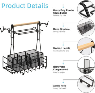 Outdoor Grill Caddy, BBQ Caddy with Paper Towel Holder and Mesh Basket, Portable Condiment Caddy with Plate Holder and Tool Hook, Barbecue Accessories Storage Organizer