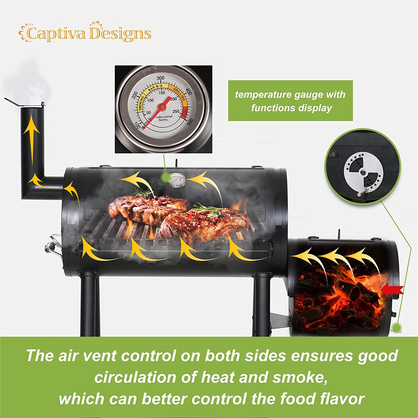 Captiva Designs Charcoal Grill with Offset Smoker, All Metal Steel Made Outdoor Smoker, 512 Sq.In Cooking Area, Best Combo for Outdoor Garden Patio and Backyard Cooking