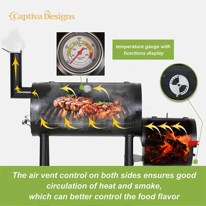 Captiva Designs Charcoal Grill with Offset Smoker, All Metal Steel Made Outdoor Smoker, 512 Sq.In Cooking Area, Best Combo for Outdoor Garden Patio and Backyard Cooking