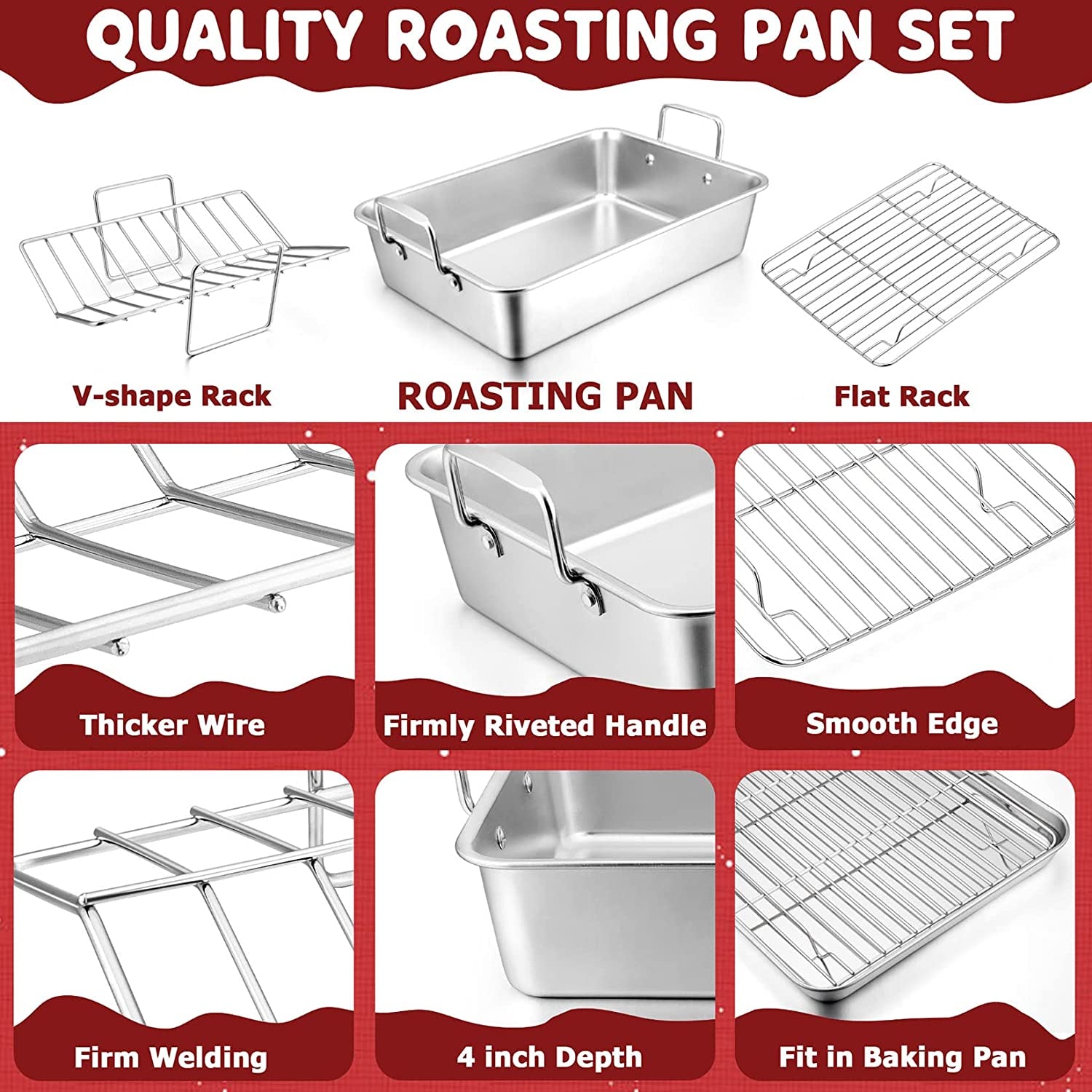 15.3’’ Roasting Pan with Racks, Joyfair 7 Pcs Stainless Steel Large Turkey Roaster Pan with Handle, Cooling Flat Rack/V-Rack, Meat Tenderizer/Claws and Brush, Heavy Duty & Multi-Use, Dishwasher Safe