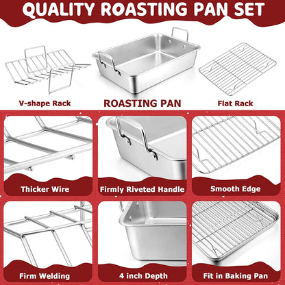 15.3’’ Roasting Pan with Racks, Joyfair 7 Pcs Stainless Steel Large Turkey Roaster Pan with Handle, Cooling Flat Rack/V-Rack, Meat Tenderizer/Claws and Brush, Heavy Duty & Multi-Use, Dishwasher Safe